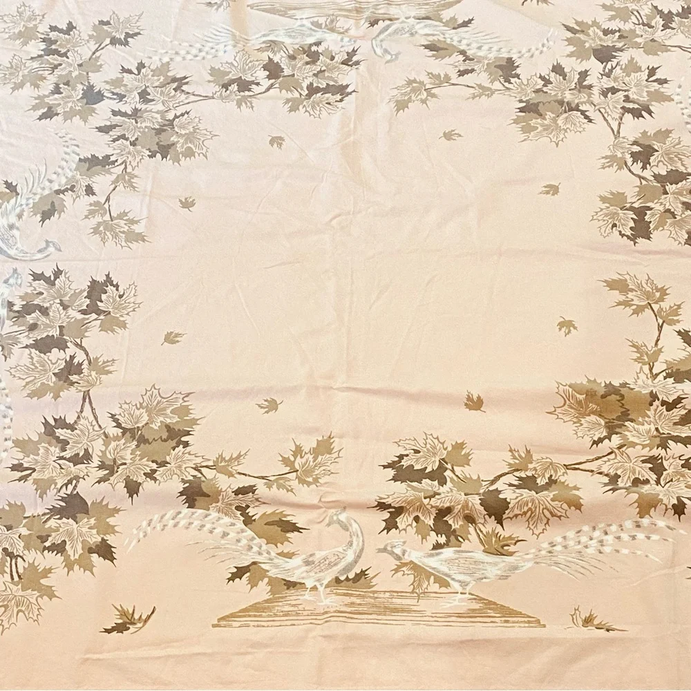 Vintage Peach Table Cloth Gold Brown Maple Leaves & Pheasants 50X48 MCM Square
